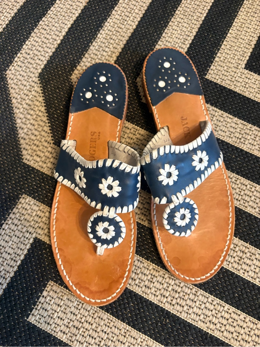 Navy Blue Jack Rogers Leather Floral Thong Sandals